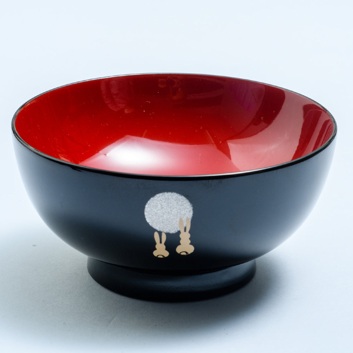 川連漆器 子供椀 月見うさぎ(黒内朱)
